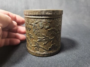 Antique, Pressed Tin, Coin Bank, Flowers, Can with Lid - Picture 1 of 13