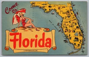 Vintage Linen Postcard Florida Come To Florida Map of Florida Pin Up Girl 1955 - Picture 1 of 2
