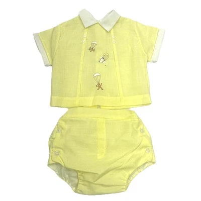 Roupa amarela vintage bebê menino 2 peças animais paraquedas bordados 3-6 meses (?) - Imagem 1 de 4