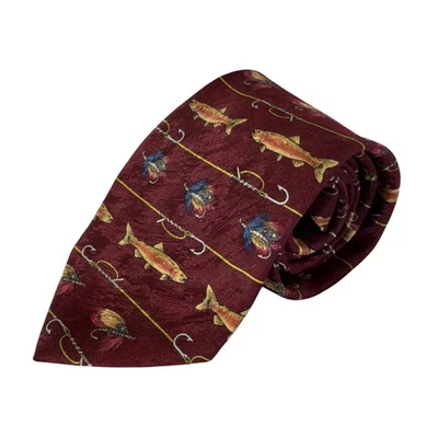 Field & Stream Borgoña 100% Seda Corbata Peces Mosca Pesca Patrón Pescador Regalo Foto 1 de 4