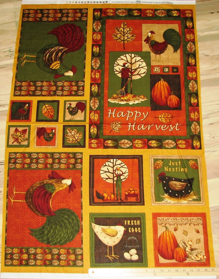 Mumm Happy Harvest Rooster Chicken Pumpkin Halloween Autumn Fabric Panel 29" - Image 1 of 1