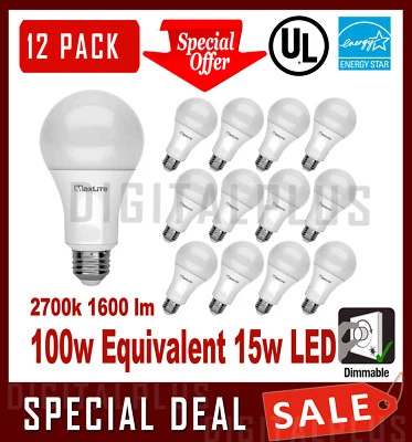 12 LED Light Bulbs MAXLITE 15W 1600 Lumens Soft White 2700K A19 E26 Dimmable ! - Image 1 of 3