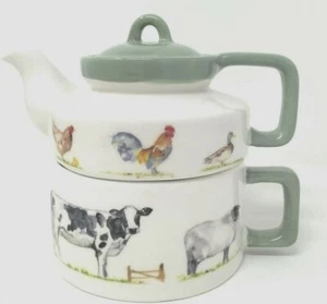 Tea for One Person Teapot Country Farm Cup & Saucer Gift Set China Present Cows - Picture 1 of 2