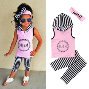 Toddler Baby Girl Striped Hooded Tops Short Pants Headband Clothes Outfits Set - Picture 1 of 6