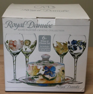Royal Danube 4 copas de vino florales de cristal pintadas a mano con cúpula de queso + juego de platos Foto 1 de 4