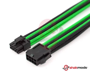 8 Pin ATX CPU 30cm Extension Cable Black Green Sleeved Shakmods + 2 Cable Combs - Picture 1 of 1