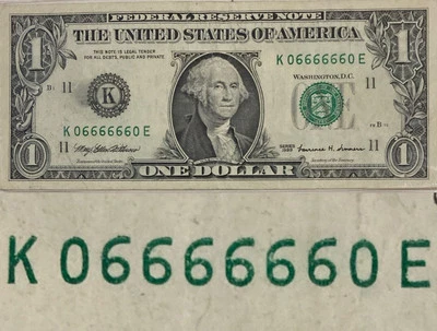K 06666660 E Fancy Serial Number 1$ BINARY, RADAR, DOUBLE DIABLO $1 FRN RARE!! - Image 1 of 4