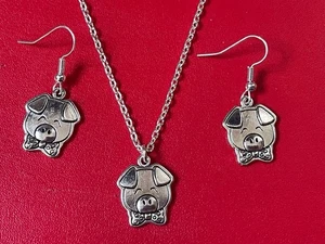 SÜSSES KLEINES SCHWEIN SCHWEINCHEN HALSKETTEN & OHRRING SET versilbert Kette & Haken. - Bild 1 von 6