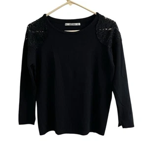 Zara Womens Witchy Whimsigoth Lace Trim Top Size M Black Round Neck Stretch - Picture 1 of 7