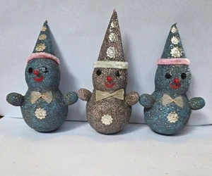3 Muñecos de Nieve Frankel Navidad Mica Brillos Cartón Papel Maché Japón 1957 De Colección - Imagen 1 de 11