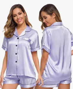 Lavender Satin Pyjamas Set Button Nightwear Ladies PJs Silk Short Sleeve Adult & - Picture 1 of 6