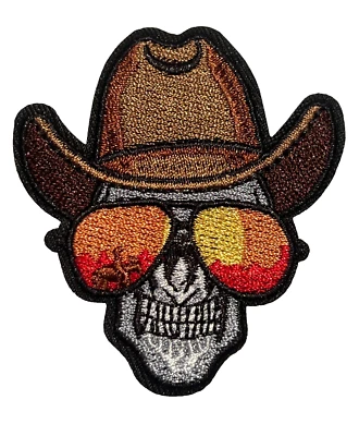 SKULL with COWBOY Hat & Sunglasses - Embroidered Iron-On Patch - Image 1 of 2