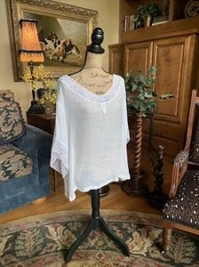 Maria Gabrielle weiße Gaze Bluse mit Häkelborte kastig locker 2x 48” 24” - Bild 1 von 12