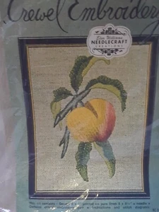 KC333 Elsa Williams Crewel Embroidery Peach with branch and leaves 3"x 5" Linen - Picture 1 of 6