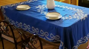 Vintage Embroidered Tablecloth, Blue Linen, Bullion Cross Stich, 74x60 Rectangle - Picture 1 of 12