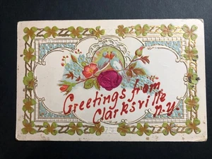 SALUDOS DESDE CLARKSVILLE NUEVA YORK NY POSTAL DIVIDIDA 1908 CANCELAR - Imagen 1 de 2