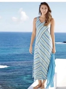 J. Jill Love Maxikleid Leinen M Lotus gestreift blau grün Resort Küste Oma - Bild 1 von 12