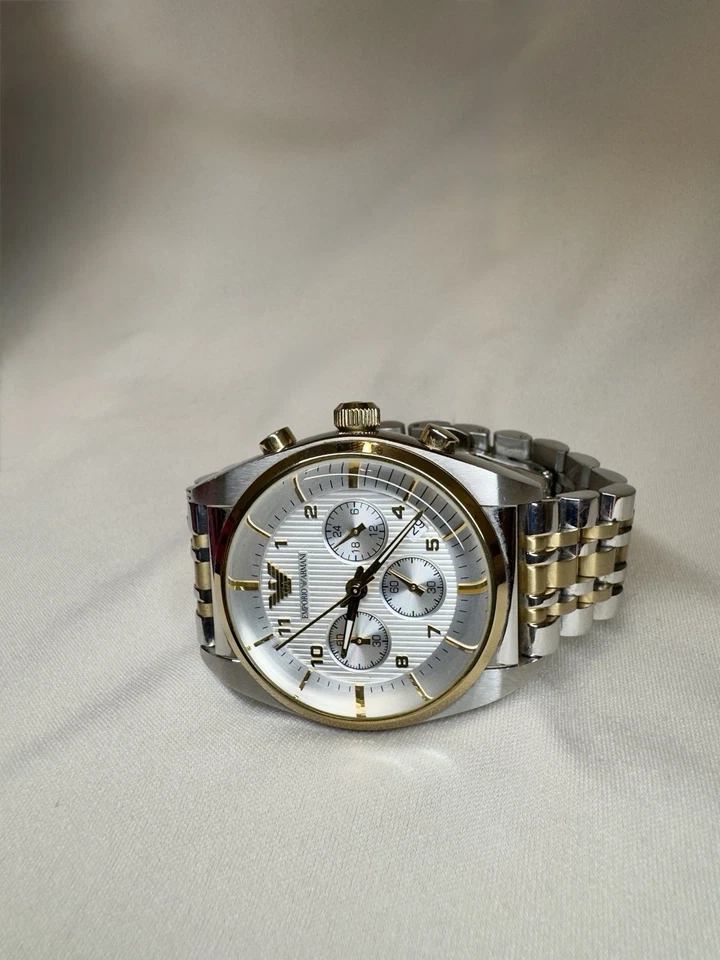 Emporio Armani AR-0396 Reloj Cronógrafo Hombre Dos Tonos Acero Inoxidable Blanco Foto 1 de 4