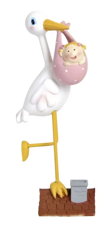 Tortenzubehör, Storch auf dem Dach  mit Baby rosa (17,5cm) - Bild 1 von 1