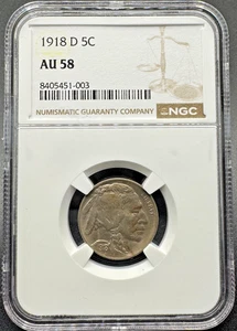 1918-D BUFFALO NICKEL W/REVERSE ROTATED DIE NGC AU58 8EGD25 - Picture 1 of 4