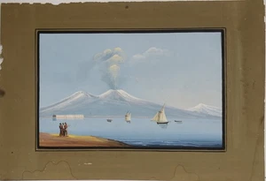 Painting Picture DIPINTO Tempera su Carta  "Eruzione del Vesuvio" 1800 - Picture 1 of 2