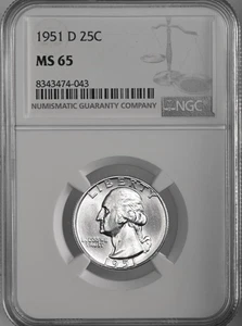 1951-D  25C WASHINGTON SILVER QUARTER  "DENVER MINT"  NGC MS65 #8343474-043 - Picture 1 of 4