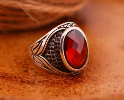 Mens Real 925 Sterling Silver Simulated Ruby Red Gem Stone Statement Ring - Image 1 of 4