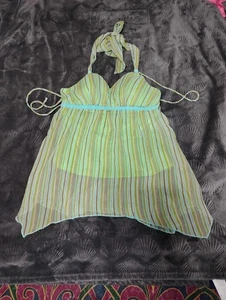 Y2k 2000er Jordage Neckholder gestreift grün JR Bluse Größe Large - Bild 1 von 9