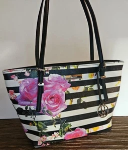 Y2K Vtg. NINE WEST HANDBAG TOTE Coated Canvas B/W  Stripe & Pink Roses STUNNING! - Picture 1 of 11