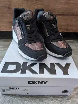 DKNY Kalina 系带锡/黑色女式网球鞋全新带盒 7.5 码 — 第 1/4 张图片