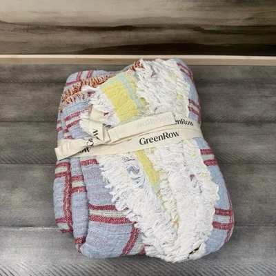 GreenRow Pia Cotton Woven Blanket Throw 50”x60” Pearl Blue/Raspberry Plaid NWOT - Image 1 of 4