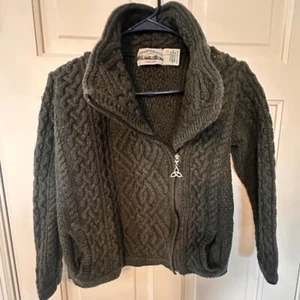 Aran Crafts Ireland Merino Wool Cable Knit Zip Cardigan Sweater Olive Green S - Picture 1 of 9