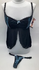 COQUETTE Juego de Lavandería Aol Ridgid Lycra Mesh Bra Azul Negro Camisa y Tanga Nuevo - Imagen 1 de 16