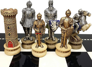 Medieval Times Crusades Gold and Silver Armored Warrior Knight Chess Men Set - N