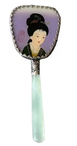 Vintage Asian Japanese Small Pocket Mirror Geisha With Jade Handle - Picture 1 of 9