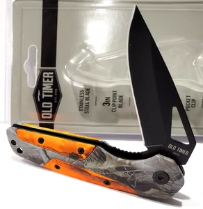 Schrade Old Timer Linerlock Orange Camo Folding Pocket Knife w/Clip 4" Closed - Picture 1 of 6