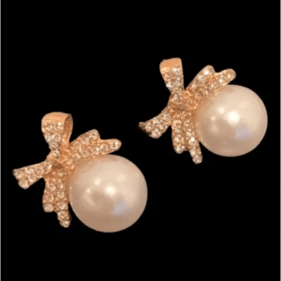 Women’s Vintage Style Nina Large Faux Pearl & Gold Bow Rhinestone Earrings Gift - Изображение 1 из 4