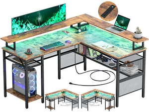 L Shaped Computer Desk Reversible Corner Desk Office Desk with Power Outlet &LED - Picture 1 of 13