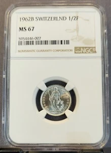 1962 SWITZERLAND SILVER 1/2 FRANC HELVETIA NGC MS 67 BRIGHT GEM BU RARE TOP POP - Picture 1 of 3