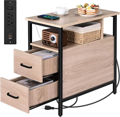 Side Tables with Charging Station, Narrow End Table with 2 Wooden Drawers, USB P - Image 1 of 4