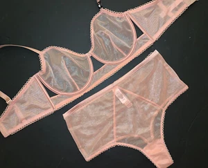 Victoria's Secret unlined longline 36D BRA SET M,L high-waist thong PINK shimmer - Picture 1 of 5