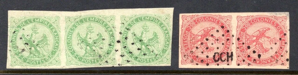 FRANCE COLONIES 1859-1865 SC. #1 STRIP OF 3, #6 PAIR ALL 4 MARGINS - Image 1 of 1