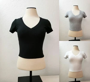 Camicia Donna Basic Casual Stretch Maniche Corta Collo a V Crop Top RT62812 - Foto 1 di 15