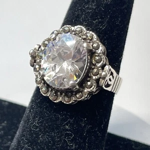Sterling Silver 925 Clear CZ Oval Open Work Marcasite Ring Sz 7 Art Deco Style - Picture 1 of 8