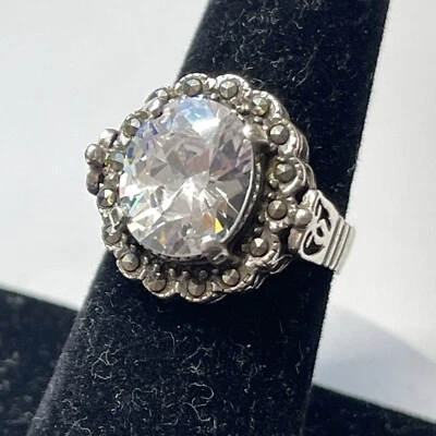 Anillo de plata de ley 925 circonita cúbica transparente ovalado trabajo abierto marcasita talla 7 estilo Art Deco Foto 1 de 4
