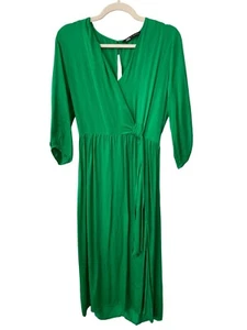 Zara Dress Size Medium Knotted Satin Effect Dress Kelly Green 3/4 Sleeve Wrap - Picture 1 of 6