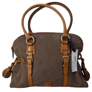 Dooney & Bourke Large Satchel Florentine Domed Buckle Tassel Suede Dark Taupe - Picture 1 of 17