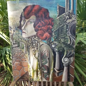Lg.Gothic Surrealism Woman Skulls Original Painting LLAN LEASS Signed 22 X 28 - Picture 1 of 16