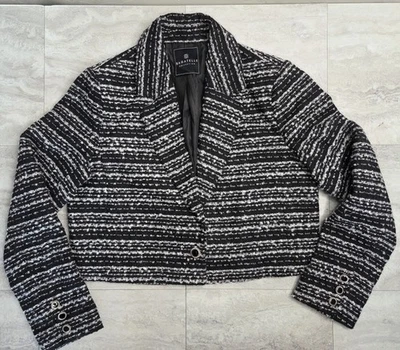 Bagatelle Wool Blend Tweed Womens Large Black White Cropped Bolero Jacket - Image 1 of 4