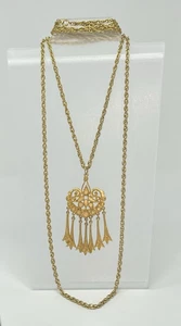 Vintage Gold Tone Egyptian Revival Double Strand Gold Tone Pendant Necklace - Picture 1 of 7
